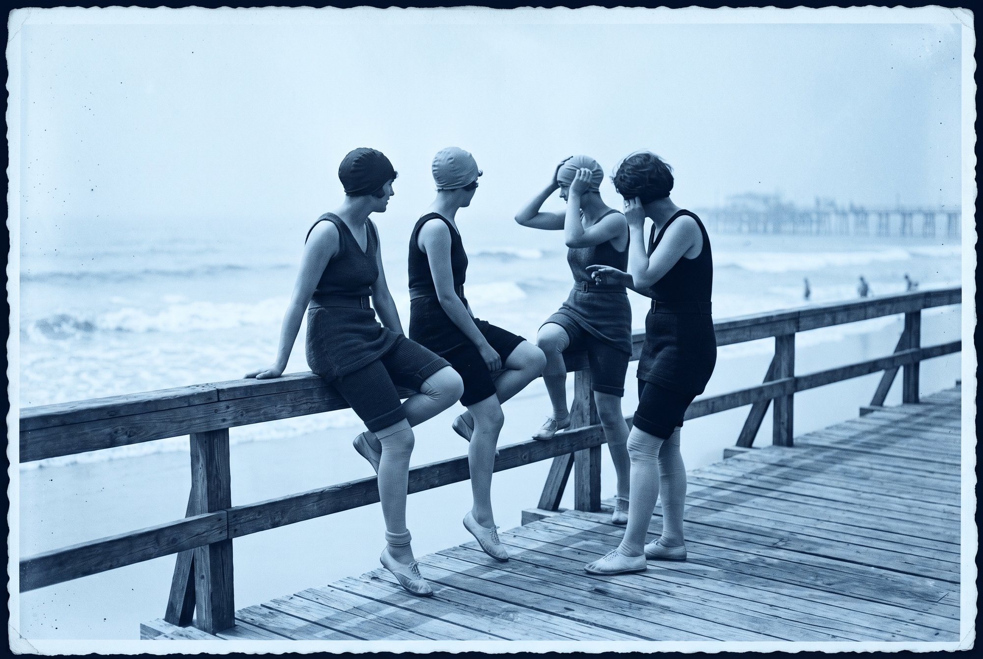Young women in period bathing costumes on the American Atlantic coast, 1920s